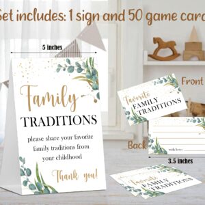 Baby Shower Games Family Traditions Sign, 1 Standing Sign and 50 Cards, Woodland Greenery Gender Neutral Decoration, Gender Reveal Party, Bridal Shower Favor Supplies-LT38