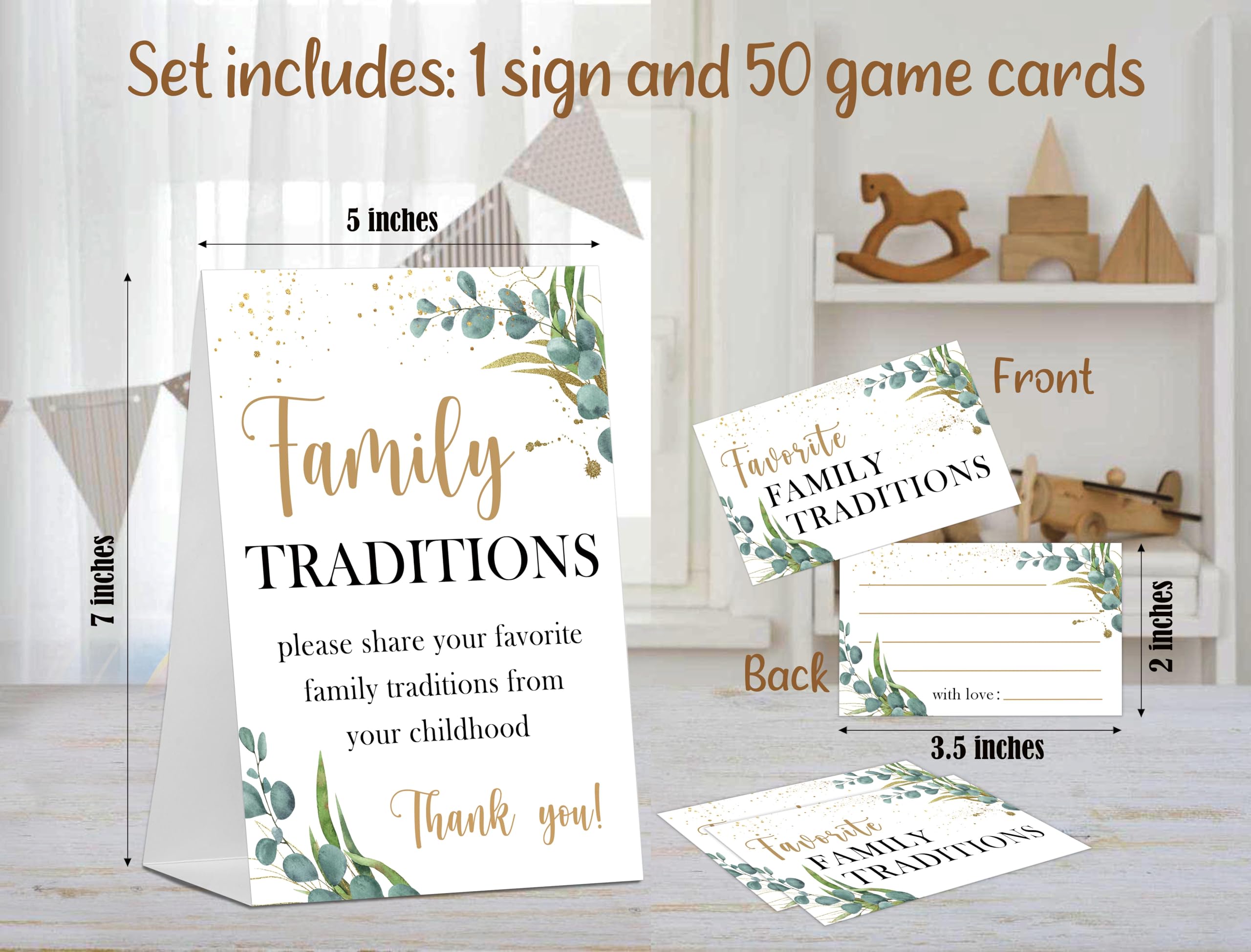 Baby Shower Games Family Traditions Sign, 1 Standing Sign and 50 Cards, Woodland Greenery Gender Neutral Decoration, Gender Reveal Party, Bridal Shower Favor Supplies-LT38