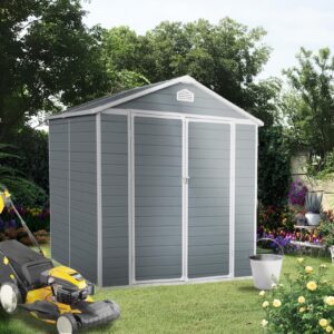 8x6FT Resin Outdoor Storage Shed, with Built-in Air Vent, Practical Window and Protective Cap, Tool House w/Padlock Compatible, 2 Pairs of Gloves, Waterproof & UV Protection, Grey