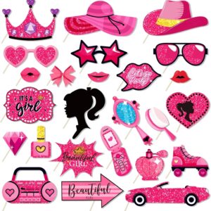 Kristin Paradise 25Pcs Hot Pink Photo Booth Props for Girls Women, Birthday Bachelorette Bridal Shower Theme Selfie Props, Princess Doll Party Supplies, Photography Backdrop Decorations