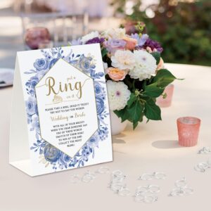 Put A Ring on It Game(50 Rings with One Sign), Don't Say Wedding or Bride Game, Fun Bridal Shower Game, Bridal Shower Decorations Geometric Frame Blue Floral-JZDS07