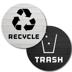 8 pack recycle and trash stickers - 2.5in circle - to organize your home and kitchen trash - for trash bins, garbage cans and recycle bins - premium uv protected vinyl sticker (wood planks - white)