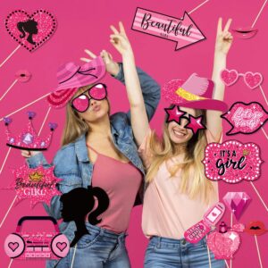 Kristin Paradise 25Pcs Hot Pink Photo Booth Props for Girls Women, Birthday Bachelorette Bridal Shower Theme Selfie Props, Princess Doll Party Supplies, Photography Backdrop Decorations