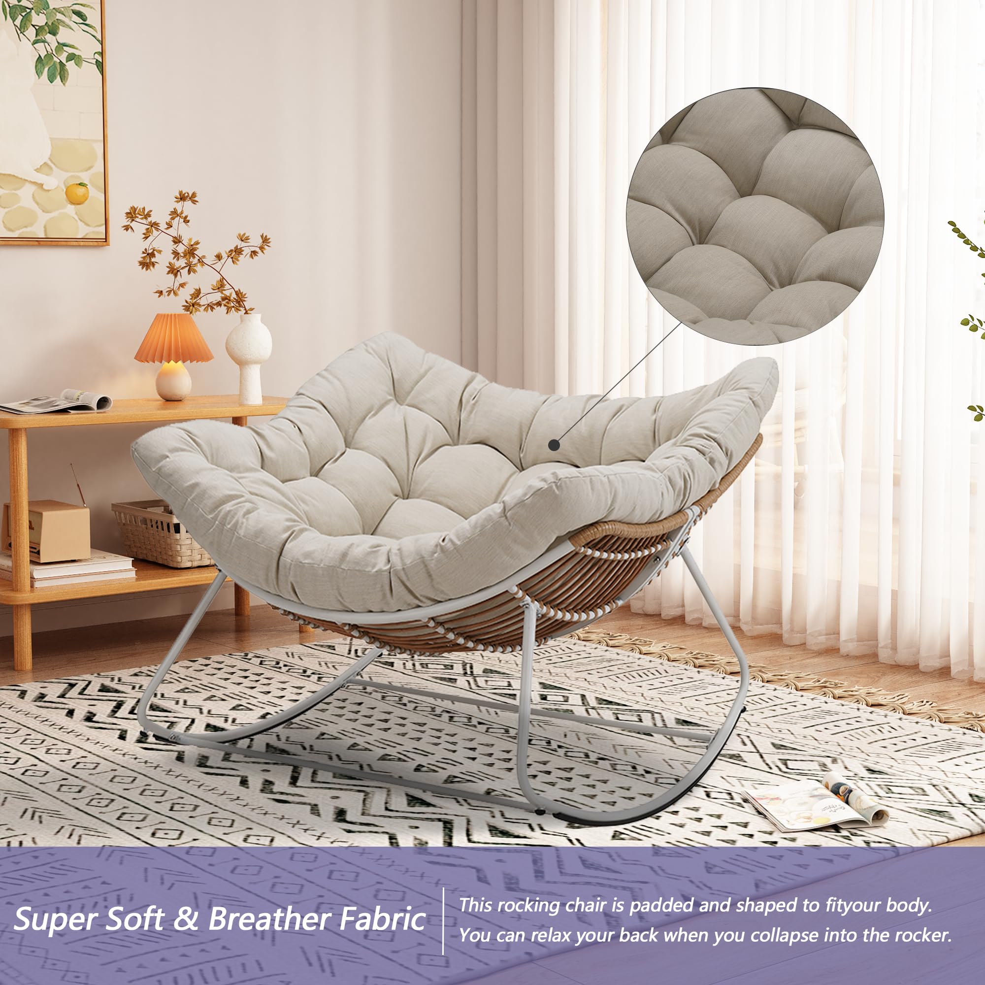 Naga Bahna Royal Rocking Chair, Outdoor Rocking Papasan Chair with Padded Beige Cushion Rocker Recliner Chair, Oversized Metal White Frame Rattan Egg Chair for Patio, Porch, Living Room