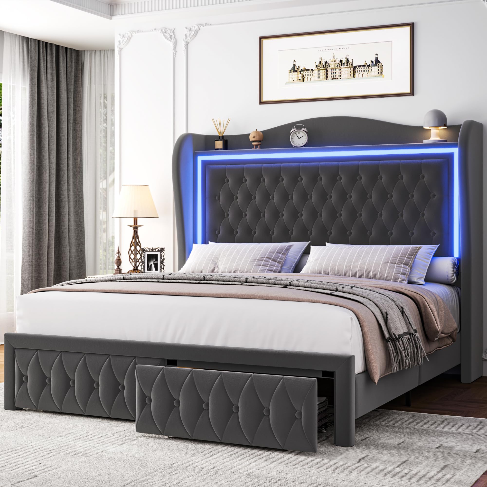 King Bed Frame 55" Tall Headboard with LED Lights, Buttons Tufted Velvet Upholstered Platform Bed Frame with 2 Storage Drawers, Wood Slats Support Mattress Foundation, No Box Spring Needed, Grey