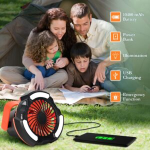 10400mAh Camping Fan with LED Lantern, Battery Operated Powered Fan with Hang Hook, Mobile Power Bank, 180°Head Rotation, Rechargeable Fan Portable for Picnic, Barbecue, Fishing, Travel, Home (Orange)