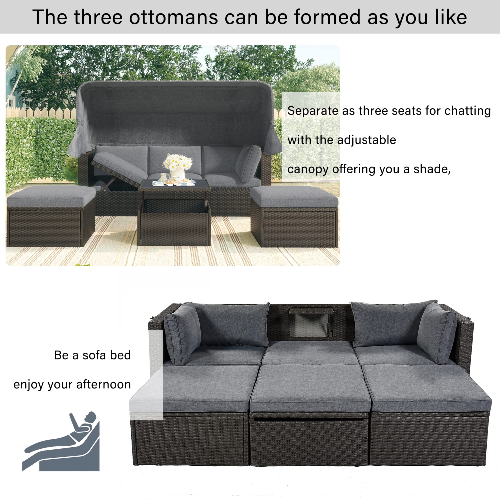 BIADNBZ Outdoor Patio Furniture Sofa Daybed with Retractable Canopy, Lift Up Side Table, Ottoman and Washable Cushions, Wicker Rectangle Couch Sets for Garden Backyard, Grey Rattan&Cushions