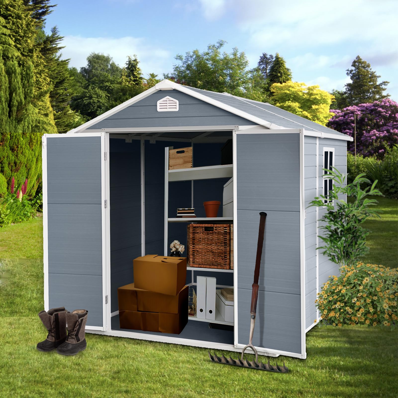 8x6FT Resin Outdoor Storage Shed, with Built-in Air Vent, Practical Window and Protective Cap, Tool House w/Padlock Compatible, 2 Pairs of Gloves, Waterproof & UV Protection, Grey