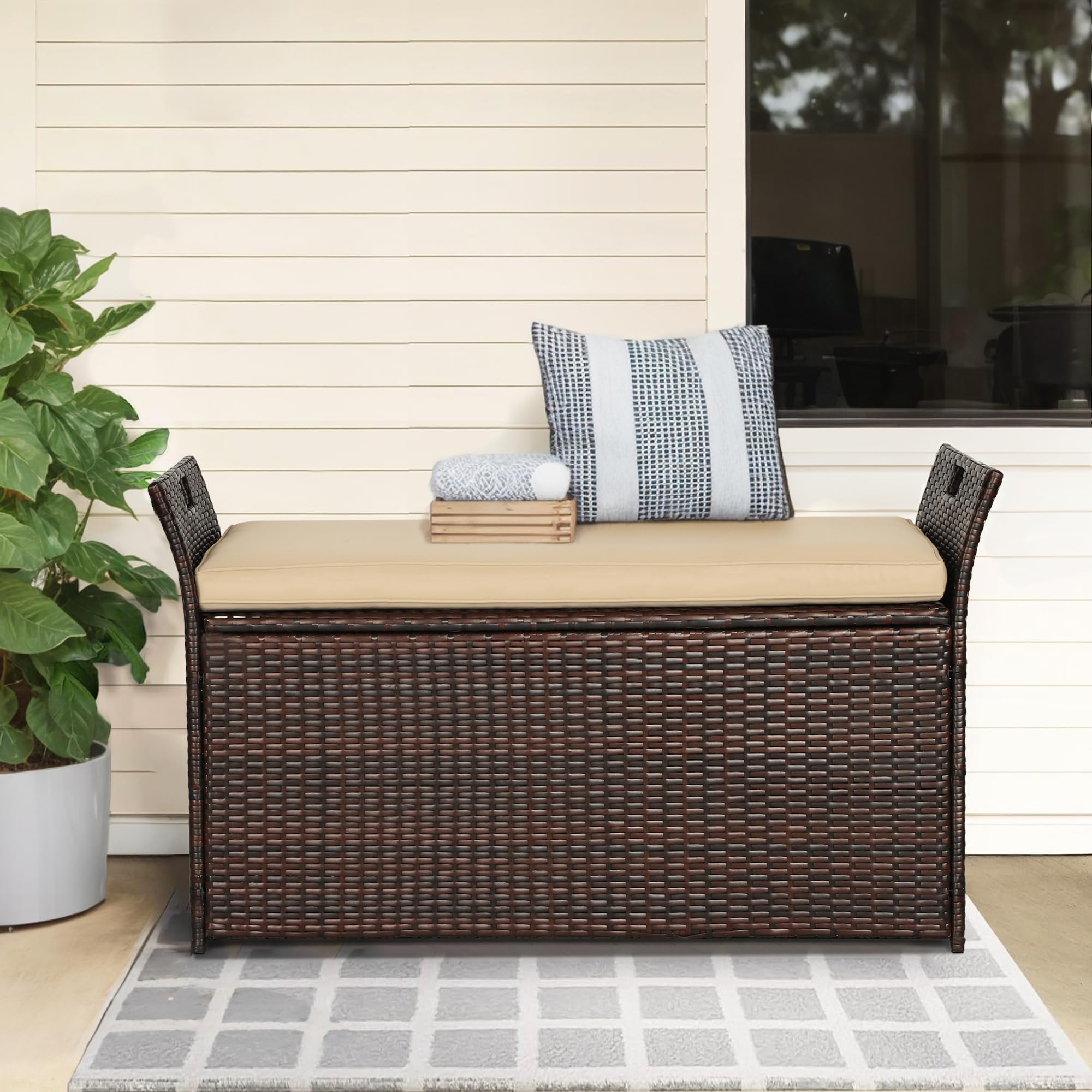 CrownLand 80 Gallon Outdoor Storage Bench with Cushion, Outdoor Wicker Storage Box, Patio Deck Box with Seat, for Garden, Balcony, Poolside (Brown)