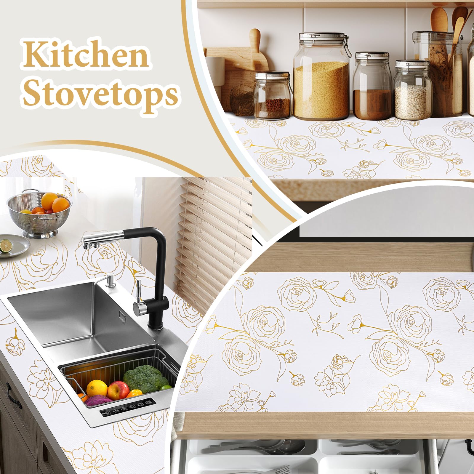 Shelf Liners for Kitchen Cabinets 12in x 20FT Non Adhesive Drawer Liner Gold Floral Thickened Shelf Liner Paper Strong Non-Slip Easy to Clean for Tool Box Refrigerator with Knife and Tape Measure