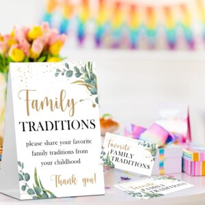 Baby Shower Games Family Traditions Sign, 1 Standing Sign and 50 Cards, Woodland Greenery Gender Neutral Decoration, Gender Reveal Party, Bridal Shower Favor Supplies-LT38