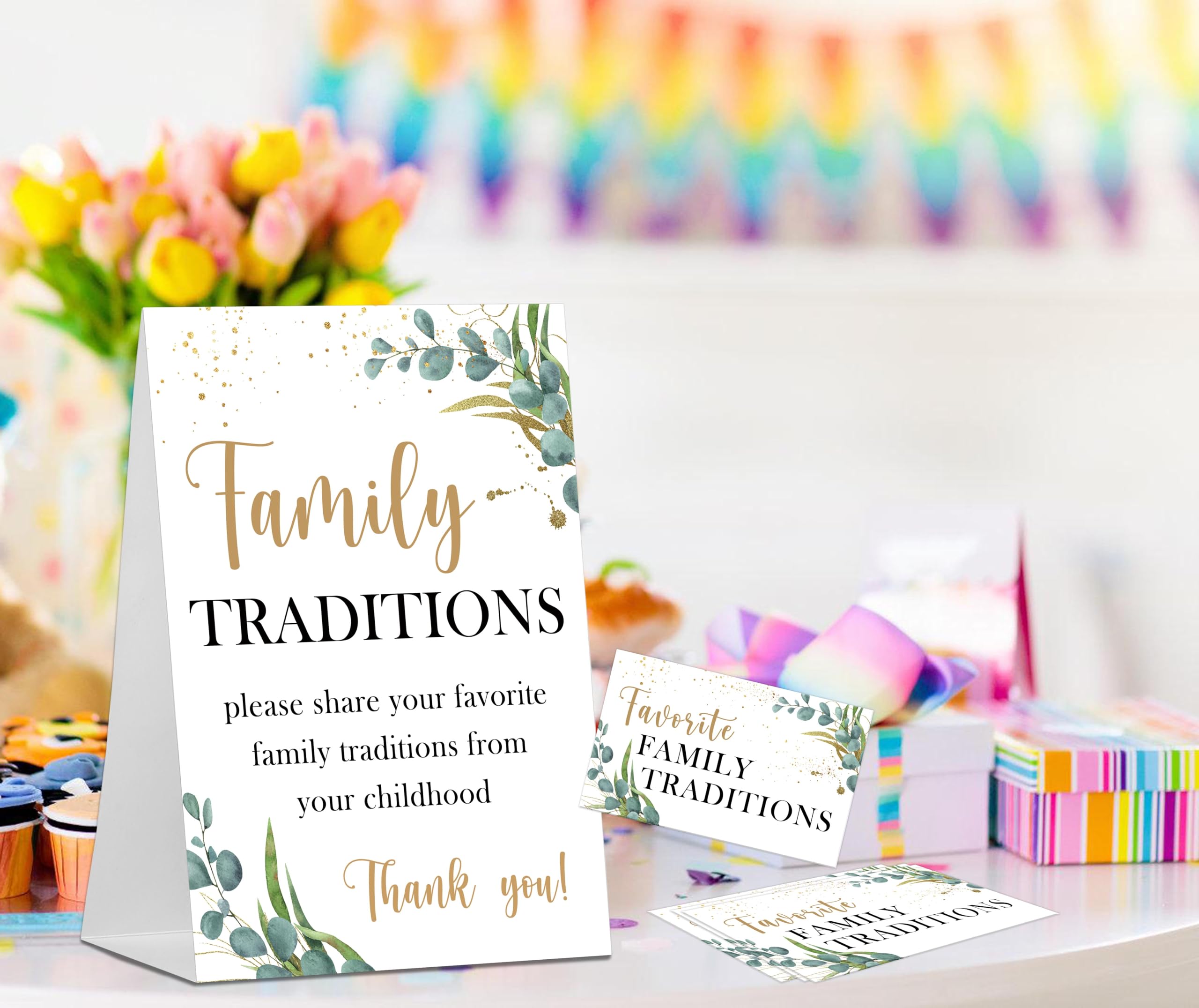 Baby Shower Games Family Traditions Sign, 1 Standing Sign and 50 Cards, Woodland Greenery Gender Neutral Decoration, Gender Reveal Party, Bridal Shower Favor Supplies-LT38