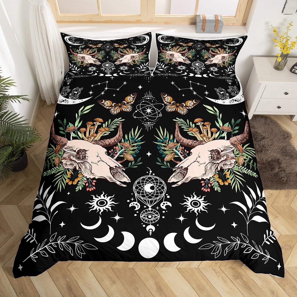 Sun Moon Dreamcatcher Duvet Cover Set Queen Size,Cow Skull Mushroom Plants Bedding Set,Girls Boys Room Decor,Dead Moth Butterfly Boho Comforter Cover,Black White Trippy Quilt Cover,2 Pillowcases