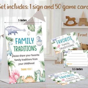 Baby Shower Games Family Traditions Sign, 1 Standing Sign and 50 Cards, Green Leaf Dinosaur Gender Neutral Decoration, Gender Reveal Party, Bridal Shower Favor Supplies-LT54