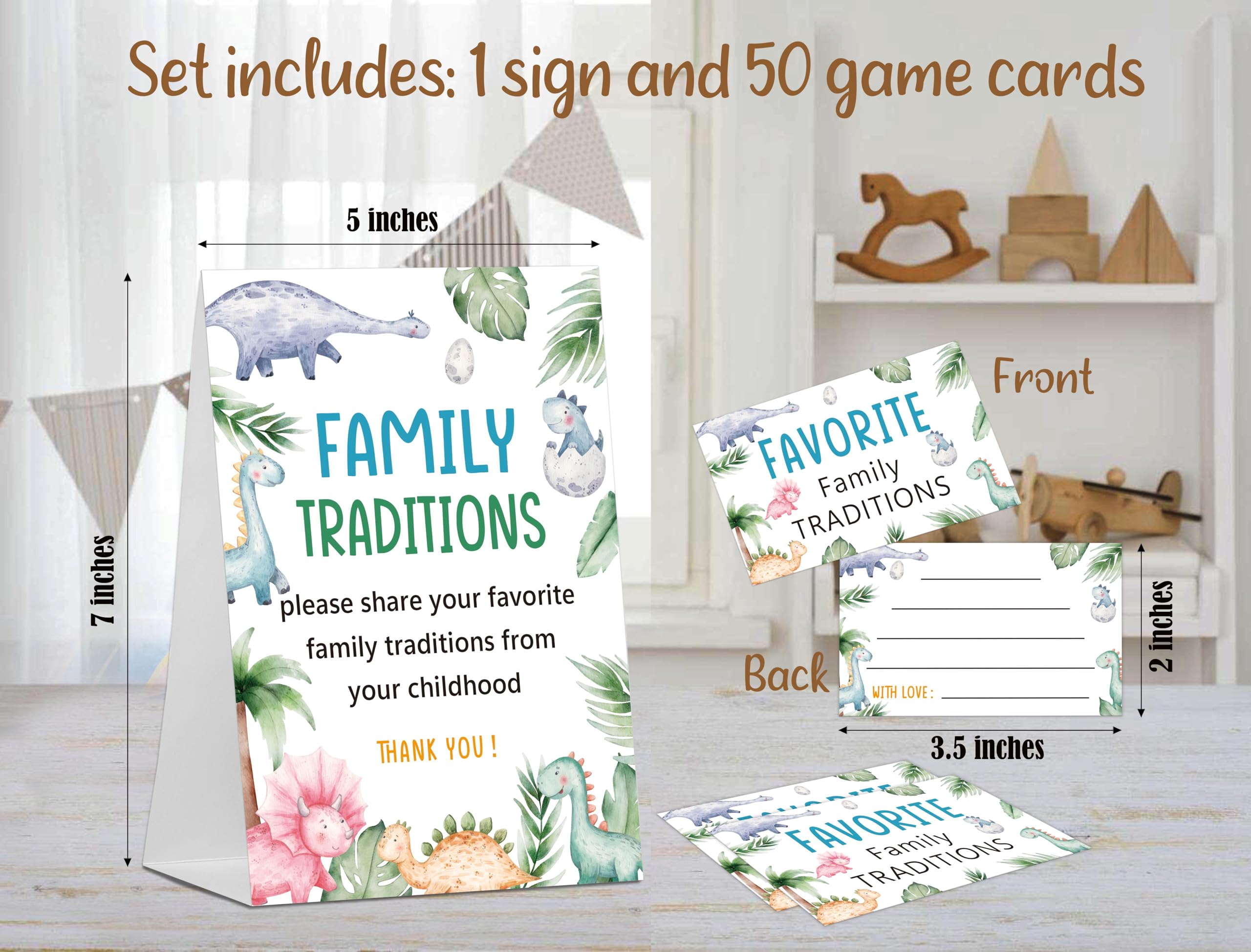 Baby Shower Games Family Traditions Sign, 1 Standing Sign and 50 Cards, Green Leaf Dinosaur Gender Neutral Decoration, Gender Reveal Party, Bridal Shower Favor Supplies-LT54