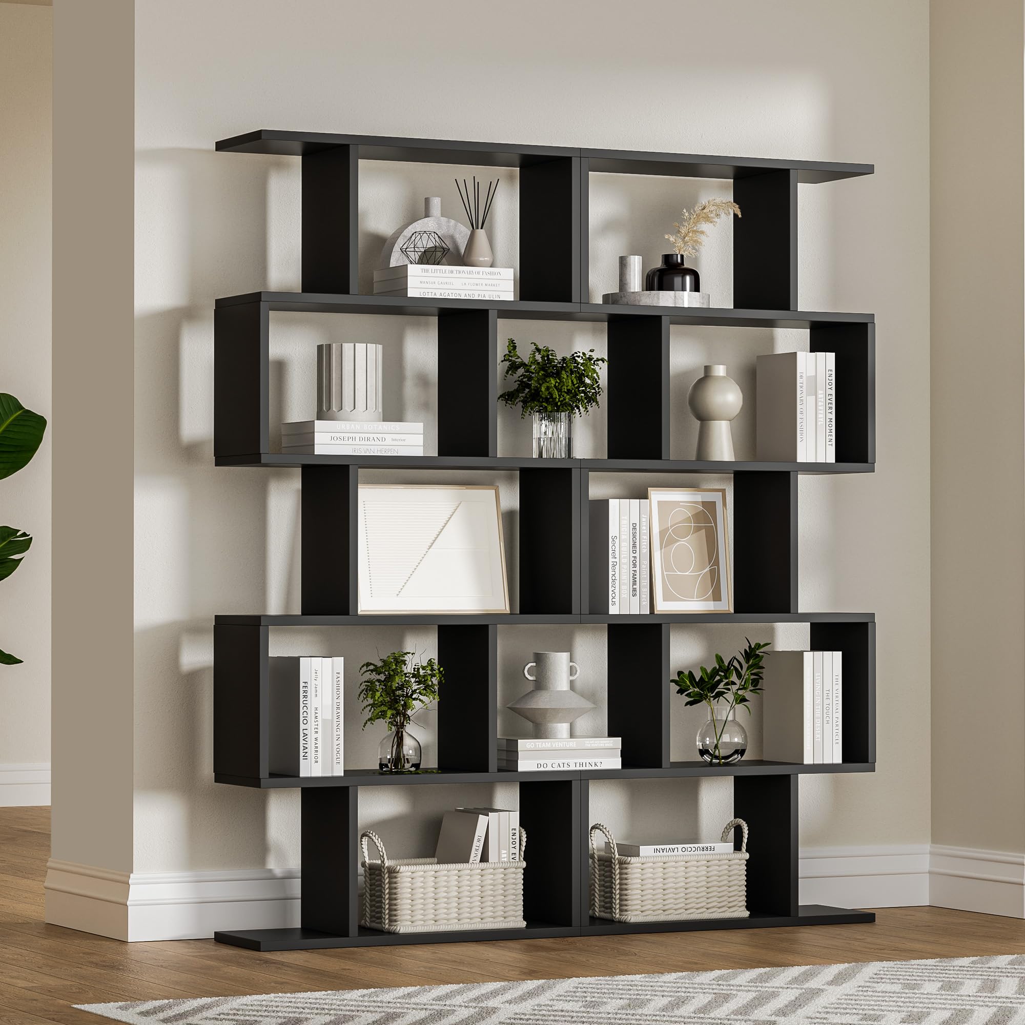 DIYART Black 5-Tier Geometric Bookcase, S-Shaped Modern Bookshelf Set of 2, 62.6" Tall Room Divider Book Shelf, Decorative Display Shelf