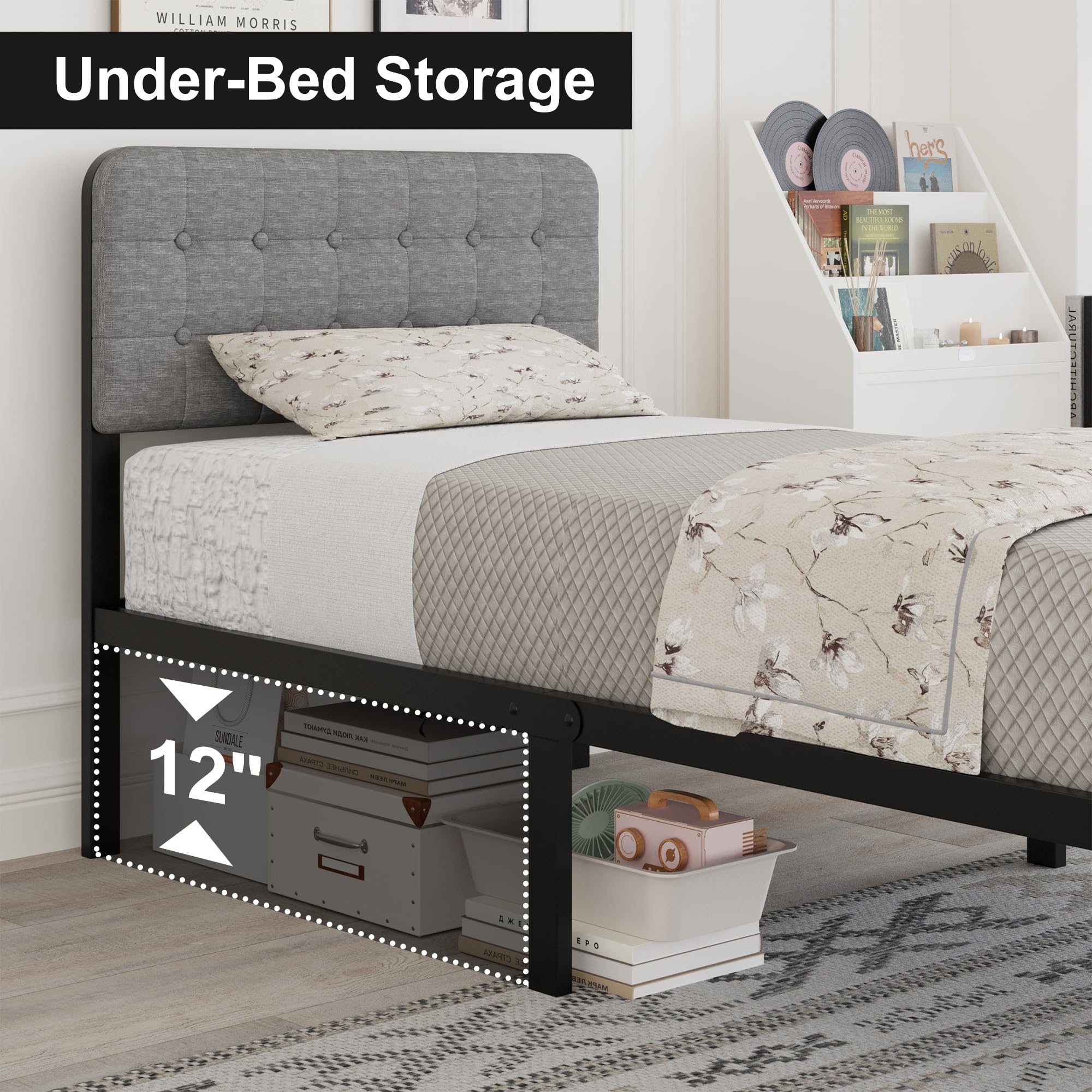 Cieemine Twin XL Bed Frame with Upholstered Headboard and Metal Footboard 14 Inch, XL Twin Platform Bed Frame with Strong Metal Slats Support, Grey, Under Bed Storage, Noise Free, Easy Assembly