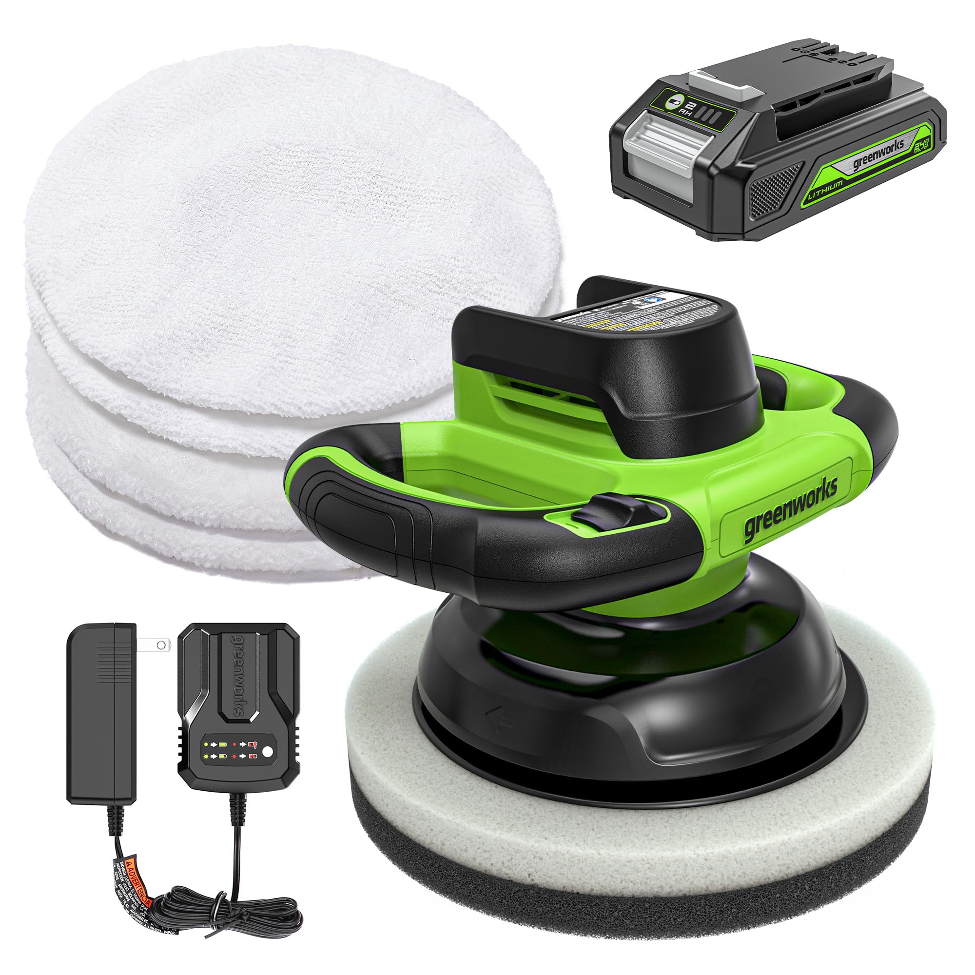 Greenworks 24V Powerful Cordless Car Buffer & Polisher, 10-inch pad 2800 RPM waxing machine with 4 Buffing Bonnets, 2.0Ah Battery & 2A Charger included