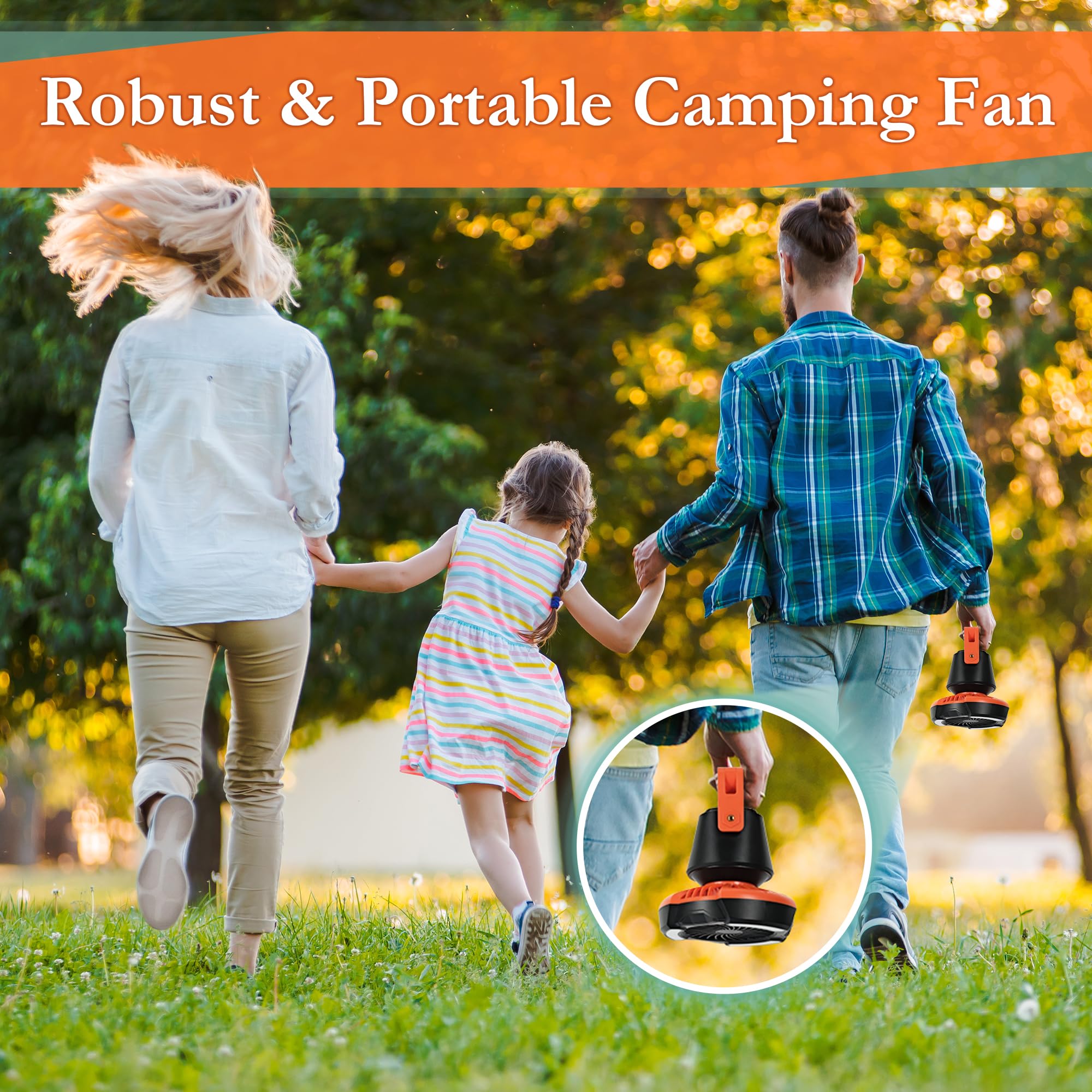 10400mAh Camping Fan with LED Lantern, Battery Operated Powered Fan with Hang Hook, Mobile Power Bank, 180°Head Rotation, Rechargeable Fan Portable for Picnic, Barbecue, Fishing, Travel, Home (Orange)