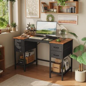 Huuger 47 Inch Computer Desk with 4 Drawers, Office Desk with Mesh Shelf, Gaming Desk, Large Storage, Writing Desk Work Desk for Home Office, Study, Bedroom, Work from Home, Rustic Brown and Black