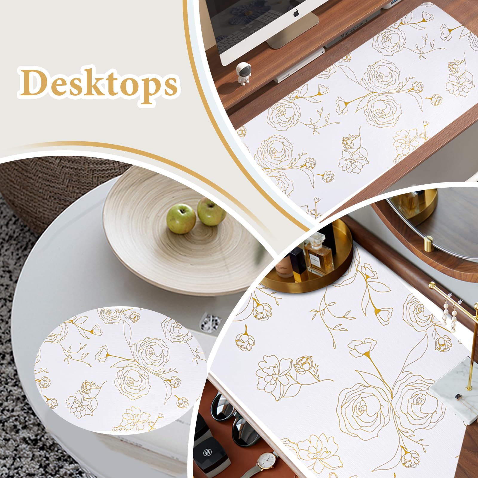 Shelf Liners for Kitchen Cabinets 12in x 20FT Non Adhesive Drawer Liner Gold Floral Thickened Shelf Liner Paper Strong Non-Slip Easy to Clean for Tool Box Refrigerator with Knife and Tape Measure