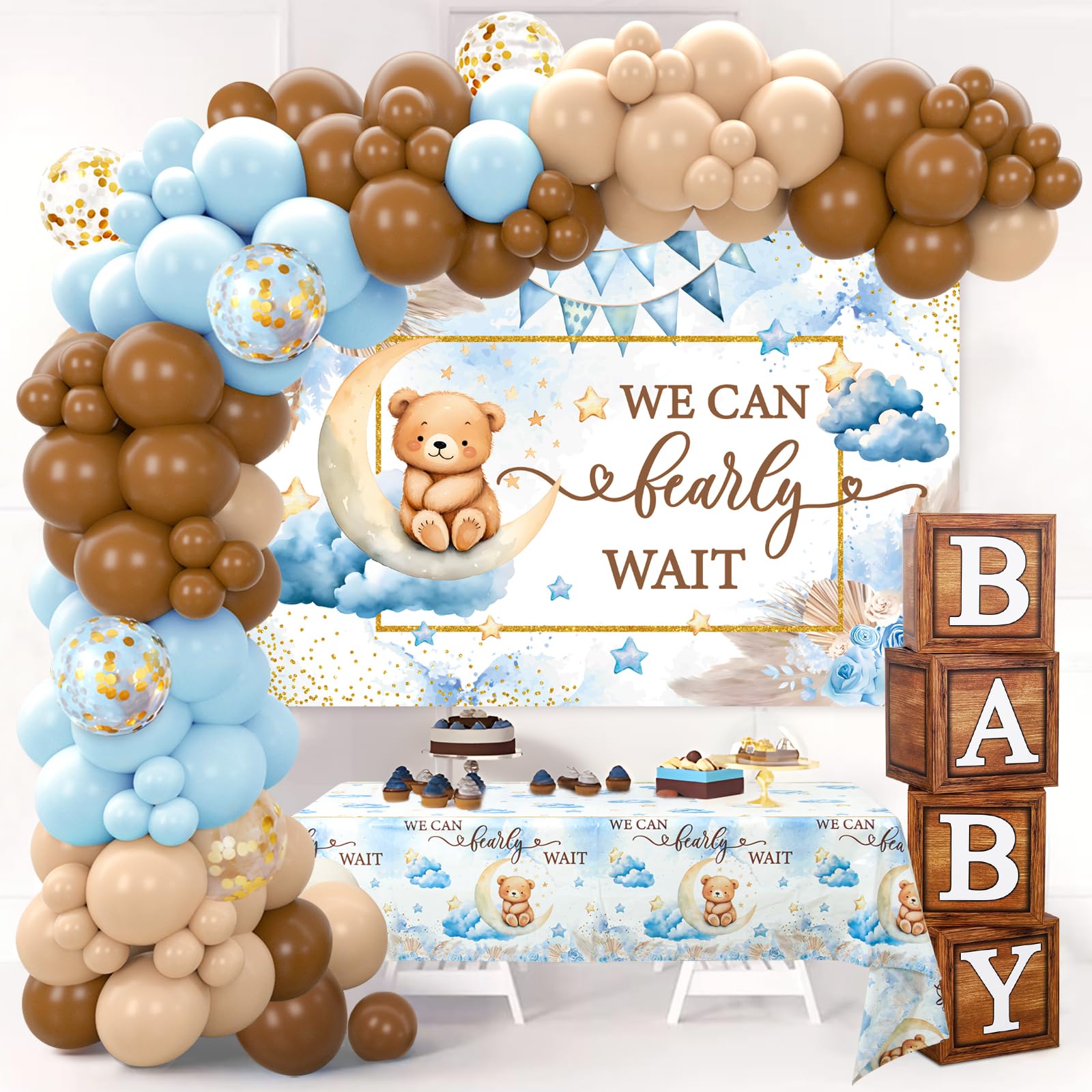 DataMoon We Can Bearly Wait Baby Shower Decorations - Baby Boxes with Letters,Boho Balloons,We Can Bearly Wait Backdrop,Tablecloth for Teddy Bear Baby Shower,Birthday Supplies,Gender Reveal