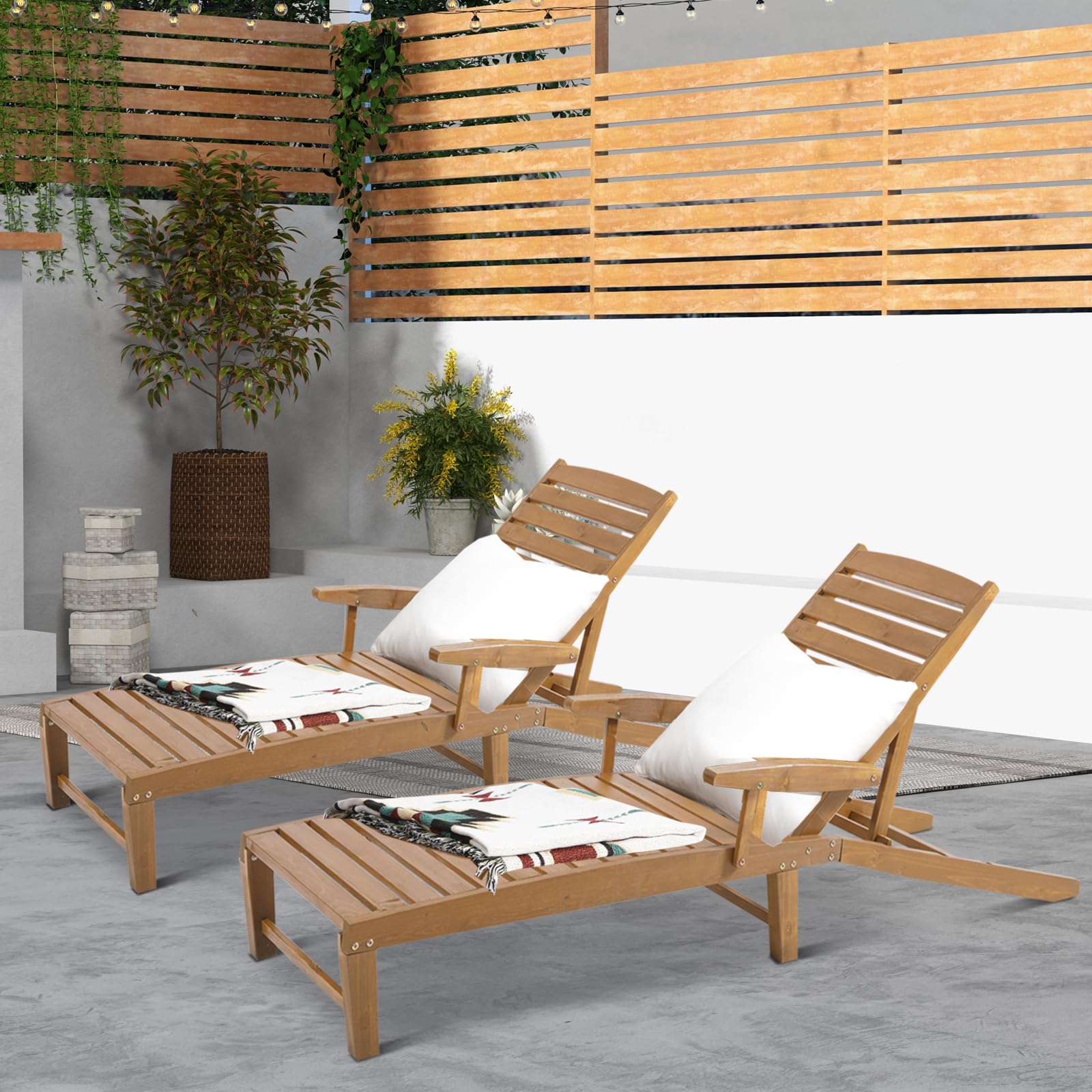 FURNDOOR Outdoor Chaise Lounge Chairs Set of 2, Patio Wood Lounge Chair with Adjustable Backrest for Poolside, Porch, Patio