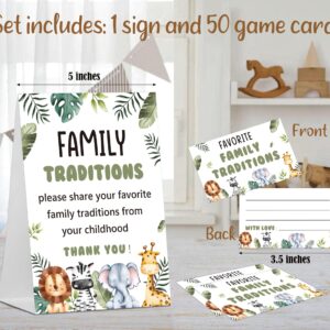 Baby Shower Games Family Traditions Sign, 1 Standing Sign and 50 Cards, Safari Jungle Wild Animal Gender Neutral Decoration, Gender Reveal Party, Bridal Shower Favor Supplies-LT50