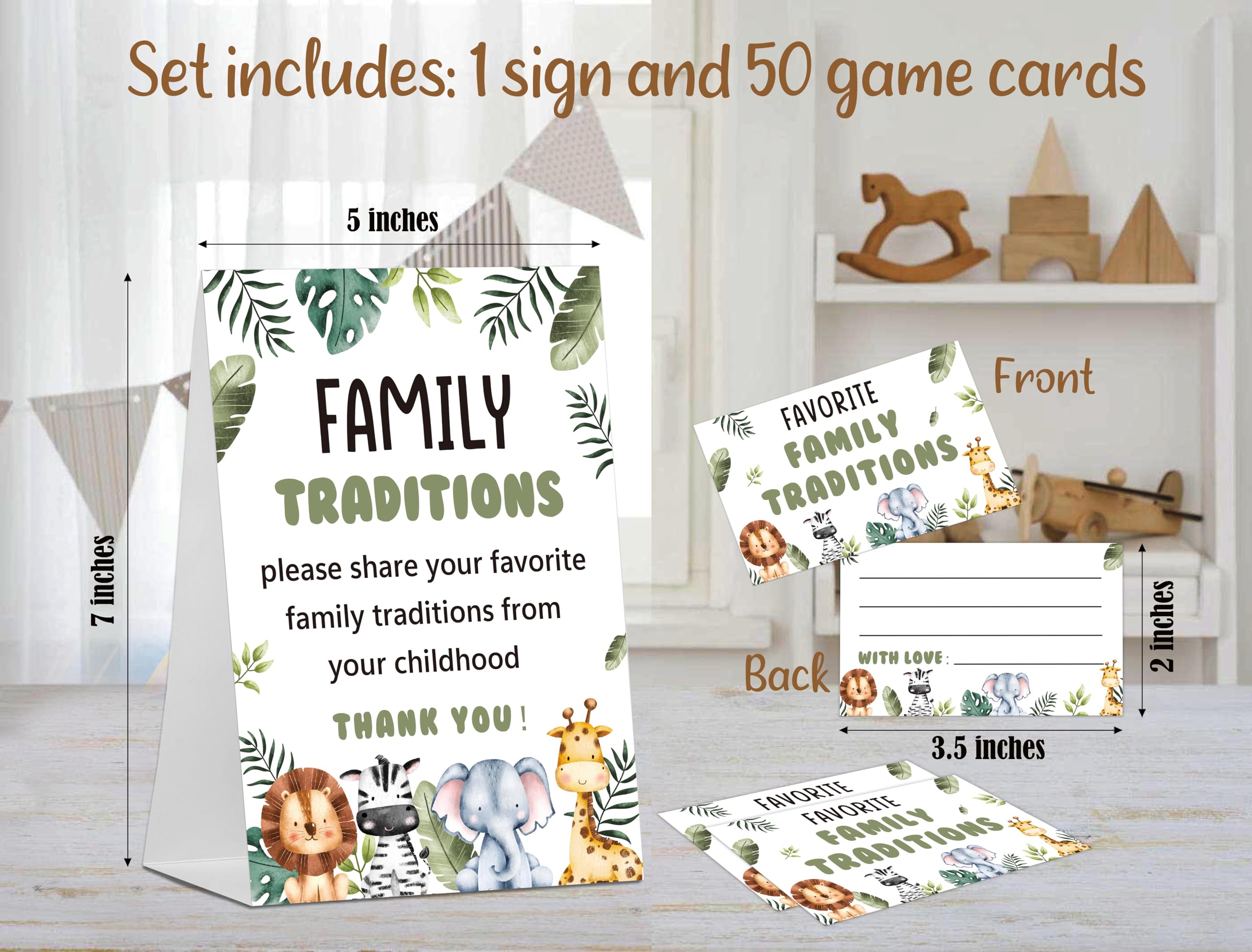 Baby Shower Games Family Traditions Sign, 1 Standing Sign and 50 Cards, Safari Jungle Wild Animal Gender Neutral Decoration, Gender Reveal Party, Bridal Shower Favor Supplies-LT50