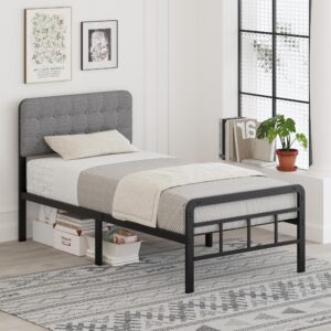 cieemine twin xl bed frame with upholstered headboard and metal footboard 14 inch, xl twin platform bed frame with strong metal slats support, grey, under bed storage, noise free, easy assembly