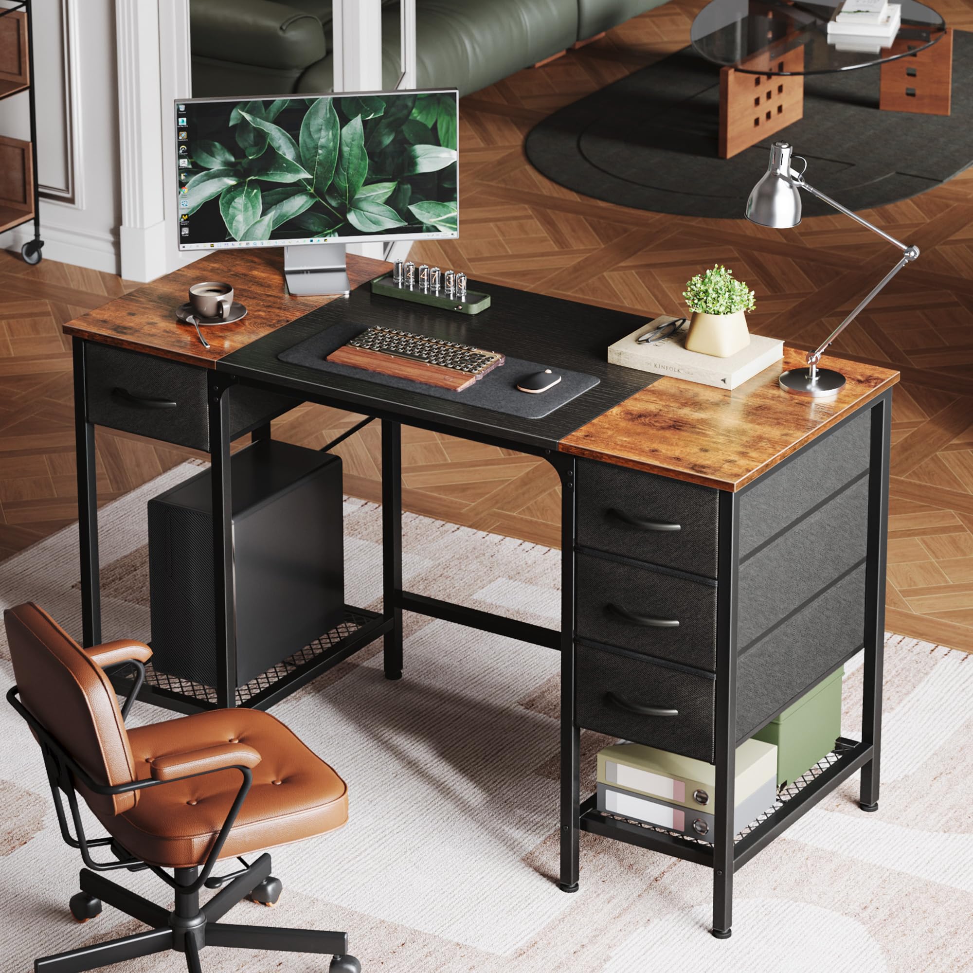 Huuger 47 Inch Computer Desk with 4 Drawers, Office Desk with Mesh Shelf, Gaming Desk, Large Storage, Writing Desk Work Desk for Home Office, Study, Bedroom, Work from Home, Rustic Brown and Black