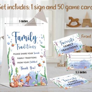 Baby Shower Games Family Traditions Sign, 1 Standing Sign and 50 Cards, Ocean Under The Sea Gender Neutral Decoration, Gender Reveal Party, Bridal Shower Favor Supplies-LT58