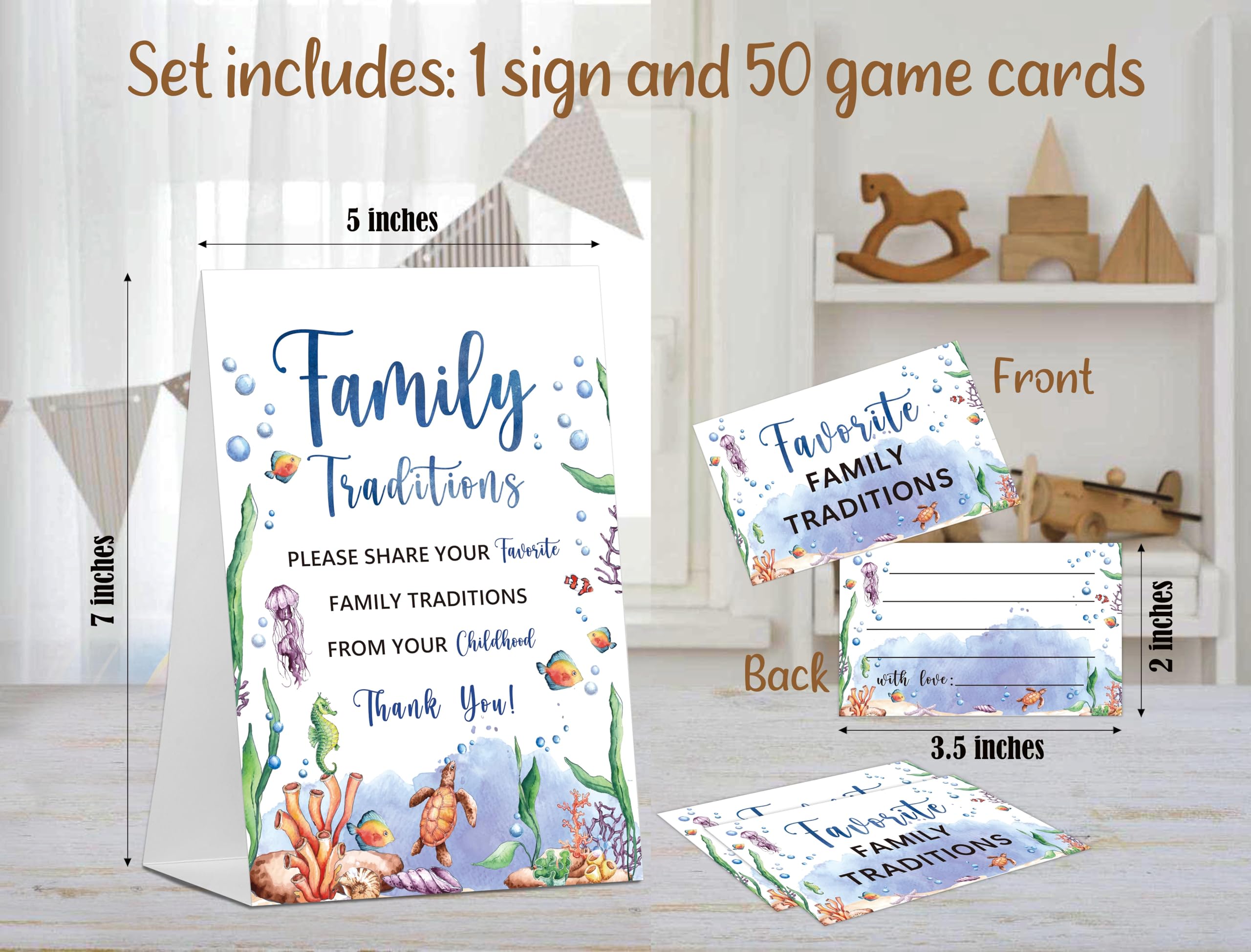 Baby Shower Games Family Traditions Sign, 1 Standing Sign and 50 Cards, Ocean Under The Sea Gender Neutral Decoration, Gender Reveal Party, Bridal Shower Favor Supplies-LT58