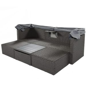 BIADNBZ Outdoor Patio Furniture Sofa Daybed with Retractable Canopy, Lift Up Side Table, Ottoman and Washable Cushions, Wicker Rectangle Couch Sets for Garden Backyard, Grey Rattan&Cushions