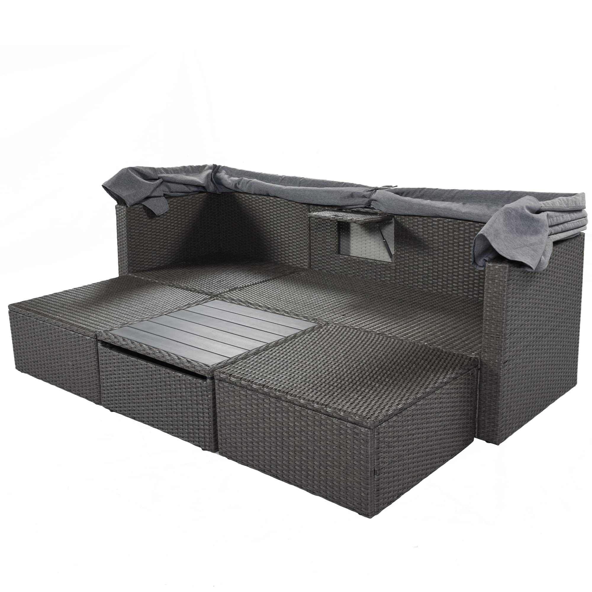 BIADNBZ Outdoor Patio Furniture Sofa Daybed with Retractable Canopy, Lift Up Side Table, Ottoman and Washable Cushions, Wicker Rectangle Couch Sets for Garden Backyard, Grey Rattan&Cushions