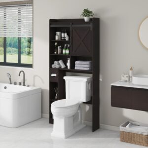 Over The Toilet Storage Cabinet, Farmhouse Storage Cabinet Over Toilet with Sliding Barn Door & Toilet Paper Holder Stand，Home Space-Saving Toilet Rack, for Bathroom, Restroom, Laundry