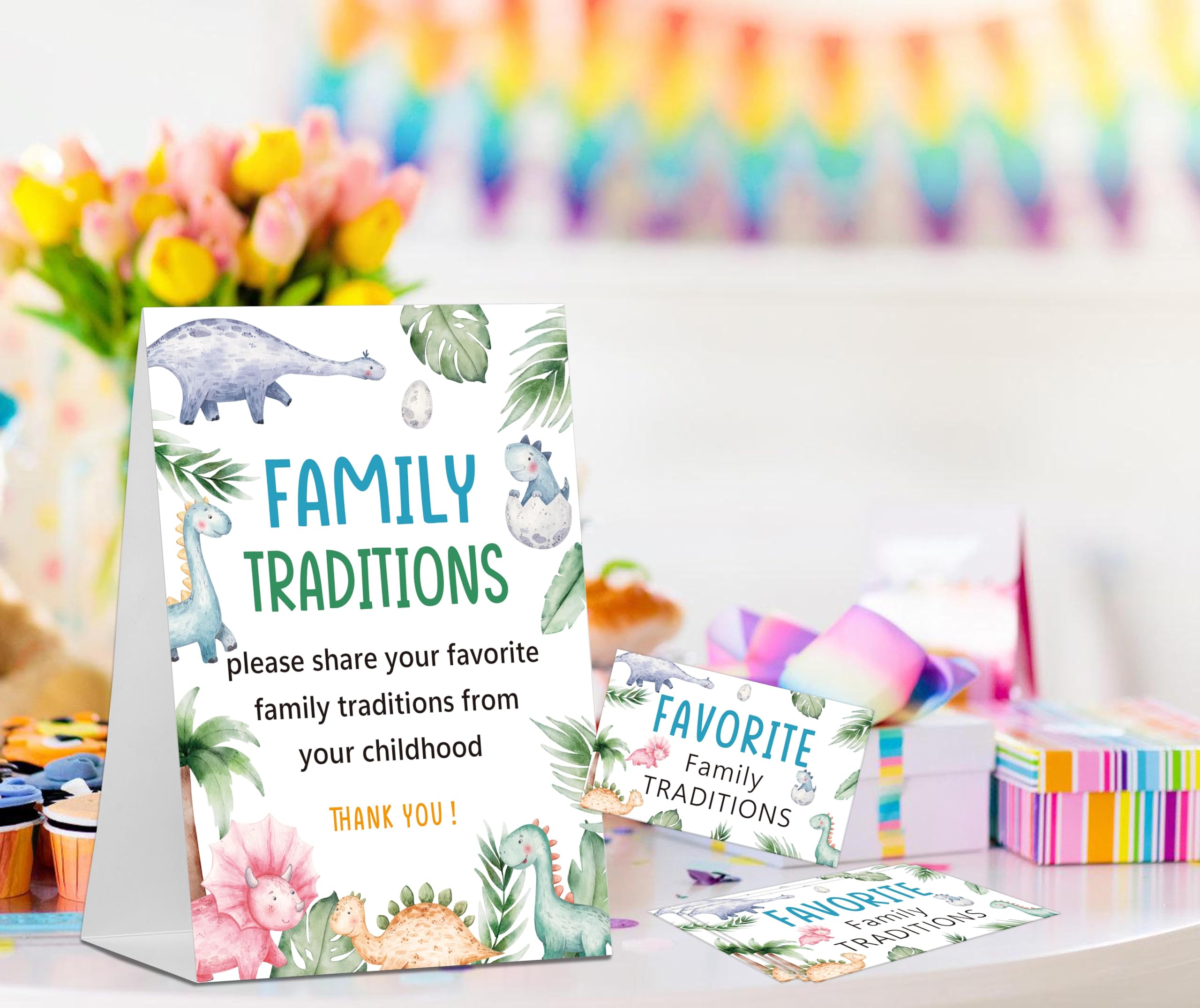 Baby Shower Games Family Traditions Sign, 1 Standing Sign and 50 Cards, Green Leaf Dinosaur Gender Neutral Decoration, Gender Reveal Party, Bridal Shower Favor Supplies-LT54