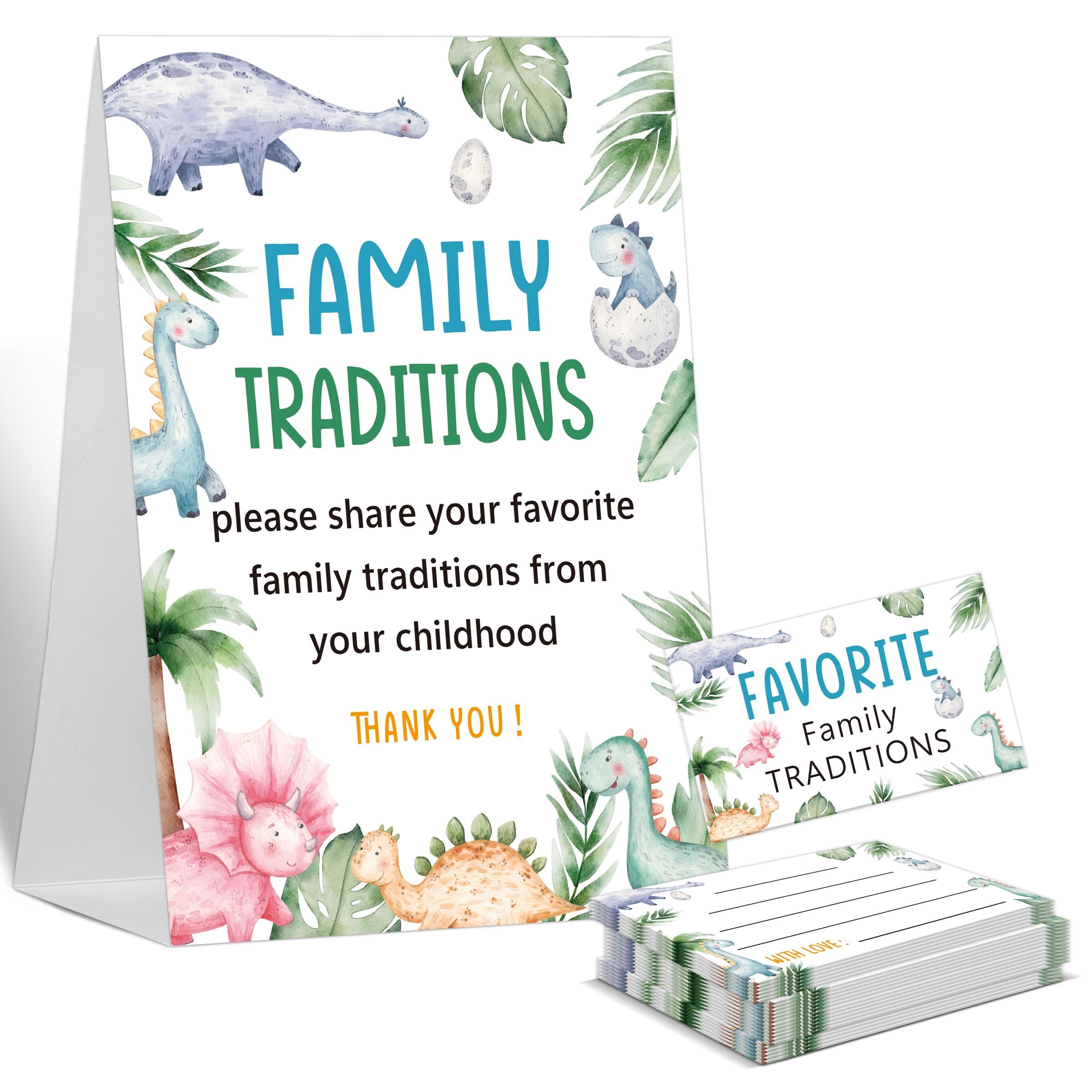 Baby Shower Games Family Traditions Sign, 1 Standing Sign and 50 Cards, Green Leaf Dinosaur Gender Neutral Decoration, Gender Reveal Party, Bridal Shower Favor Supplies-LT54