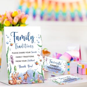 Baby Shower Games Family Traditions Sign, 1 Standing Sign and 50 Cards, Ocean Under The Sea Gender Neutral Decoration, Gender Reveal Party, Bridal Shower Favor Supplies-LT58