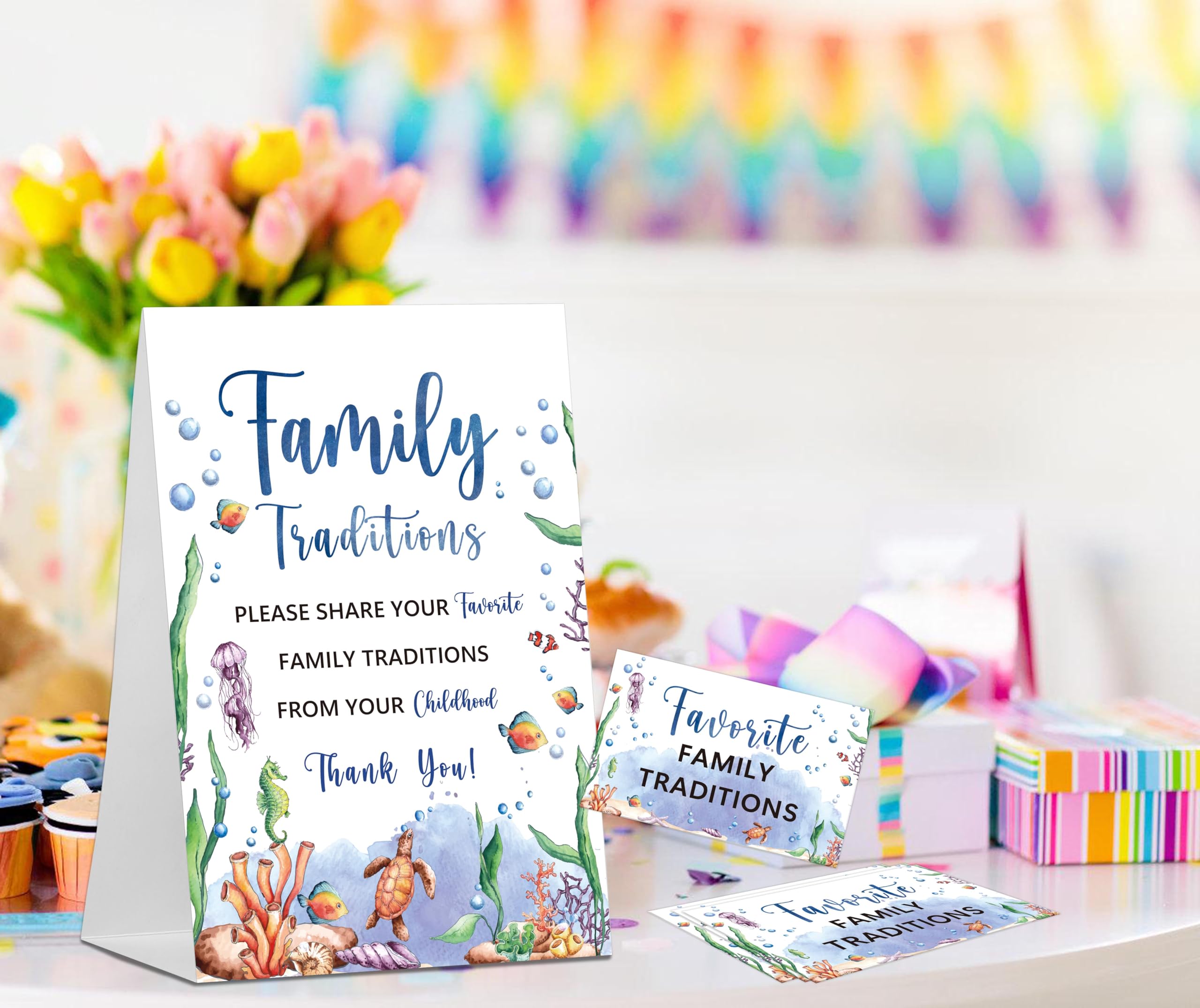 Baby Shower Games Family Traditions Sign, 1 Standing Sign and 50 Cards, Ocean Under The Sea Gender Neutral Decoration, Gender Reveal Party, Bridal Shower Favor Supplies-LT58