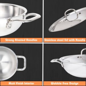 WG inc TRIPLY Stainless Steel Kadhai with Lid - Tri-Ply Wok Cookware - Sauces, Stews, Deep Frying Saute Pan Induction Friendly - Dishwasher Safe (9.5" Dia) (2.5 QT / 2.4 Litres)