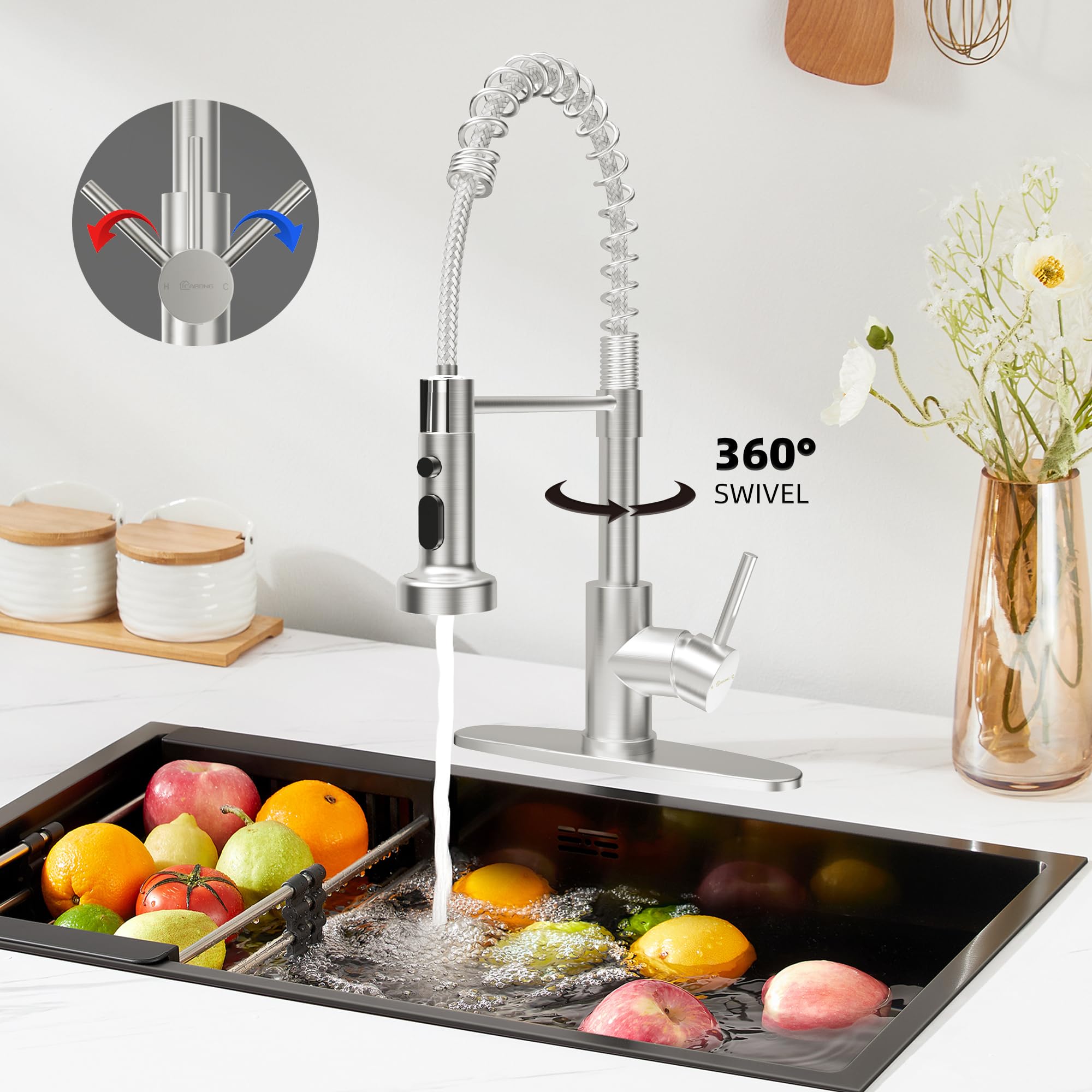 CABONG Kitchen Sink Faucet with Deck Plate, Kitchen Faucets with Pull Down Sprayer Stainless Steel Single Handle 1/3 Hole Commercial Industrial - Brushed Nicke