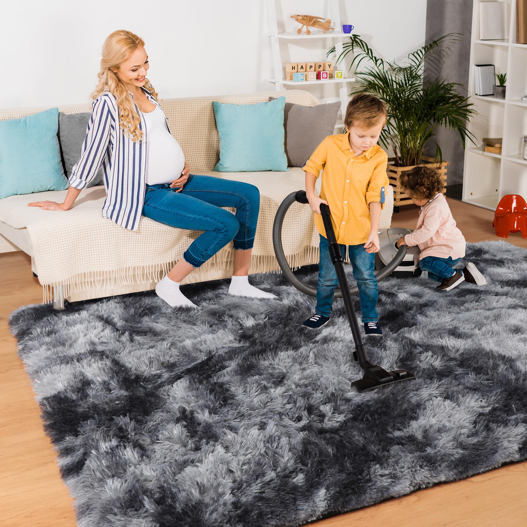 SAZAMI Fluffy Soft Shag Area Rug 4x6 Tie-Dye Dark Grey Fuzzy Non-Slip Accent Rug for Bedroom, Small Thick Throw Rugs for Nursery Playroom Dorm, Home Modern Plush Furry Carpet Decor for Kids Teen Baby