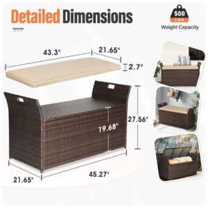 CrownLand 80 Gallon Outdoor Storage Bench with Cushion, Outdoor Wicker Storage Box, Patio Deck Box with Seat, for Garden, Balcony, Poolside (Brown)