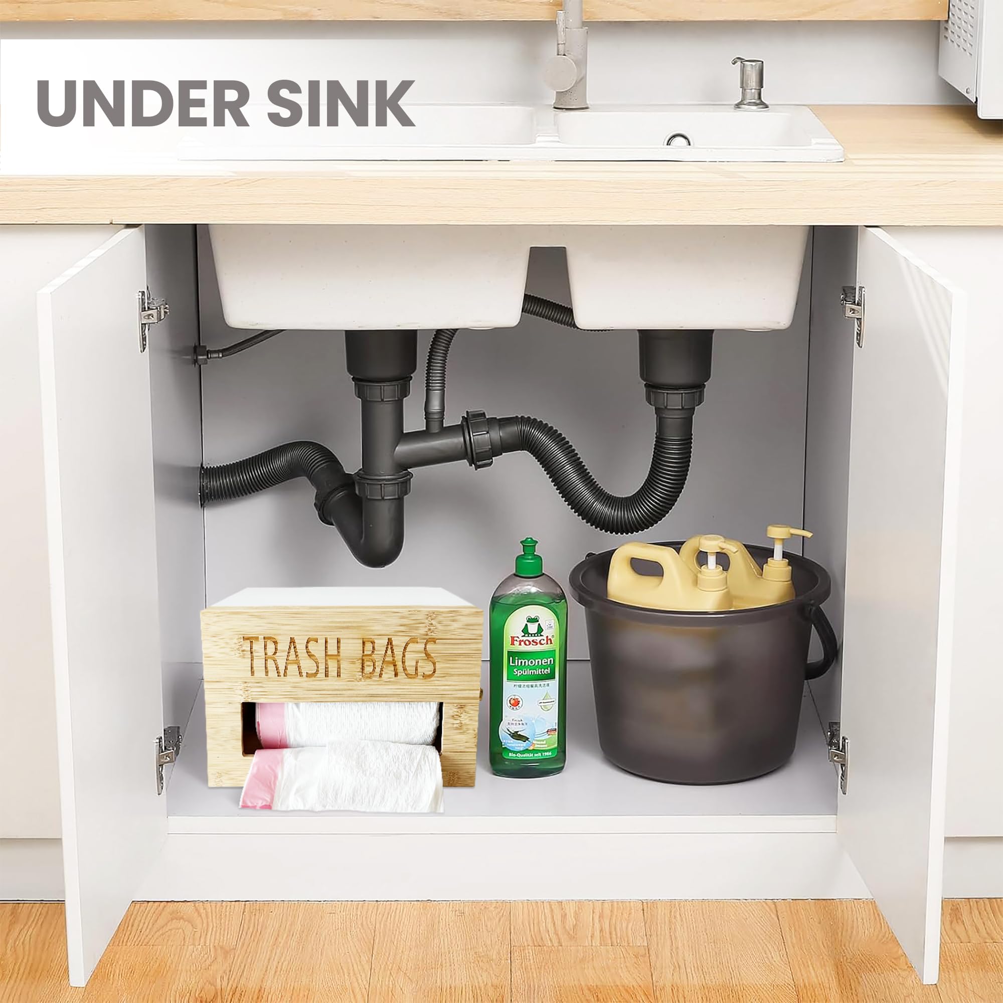 BAZT - Wall-Mounted Bamboo Trash Bag Dispenser Organizer - Extra Large Garbage Bag Roll Holder for Kitchen - Trash Bag Holder