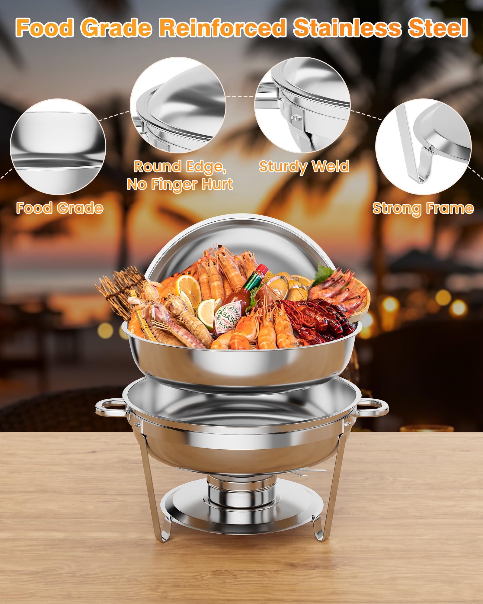 GAOMON 5QT Chafing Dish Buffet Set of 6 Pack, Round Stainless Steel Food Warmers Buffet Servers Sets, Chafer with Food & Water Pan, Lid, Frame, Fuel Holder for Catering and Parties