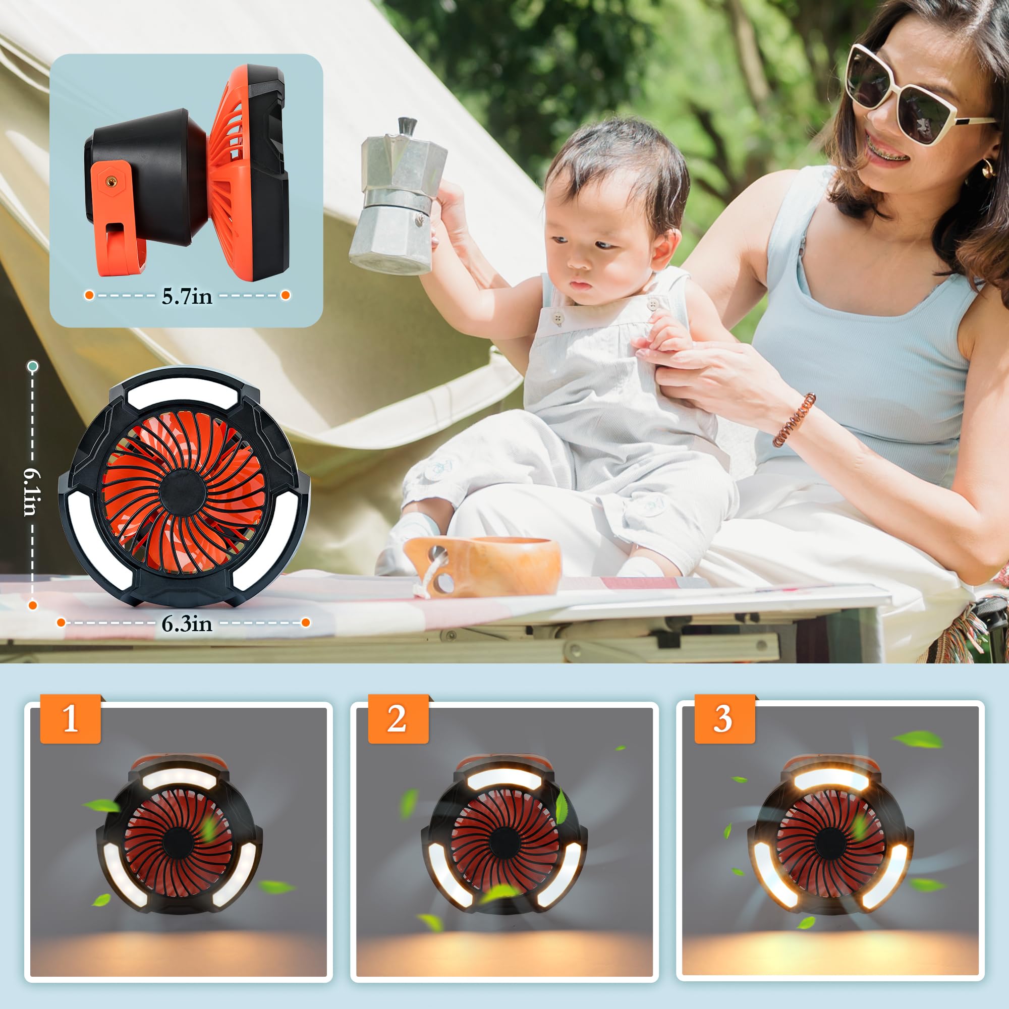 10400mAh Camping Fan with LED Lantern, Battery Operated Powered Fan with Hang Hook, Mobile Power Bank, 180°Head Rotation, Rechargeable Fan Portable for Picnic, Barbecue, Fishing, Travel, Home (Orange)