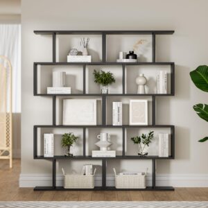 DIYART Black 5-Tier Geometric Bookcase, S-Shaped Modern Bookshelf Set of 2, 62.6" Tall Room Divider Book Shelf, Decorative Display Shelf