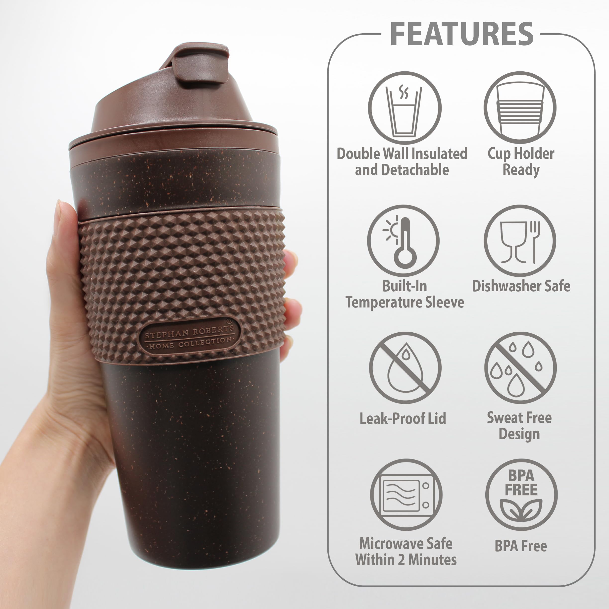 Stephan Roberts 16 oz Coffee Tumbler Set, 2 Pack, Made with Real Coffee Grounds, Detachable & Insulated Double Wall, Cup Holder Ready, Dishwasher and Microwave Safe, Leak Proof Lid, BPA Free, Brown