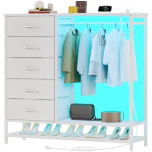 dresser for bedroom, dresser with hanging rack led lights and charging station, white bedroom dresser with 5 fabric chest of drawers with pu finish storage organizer, for living room kids room, white